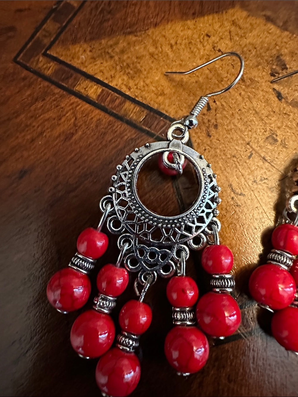 Red Beaded Filigree Drop Earrings - Women Jewelry - Picture 4 of 5